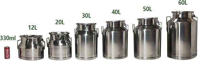 304 Stainless Steel Milk Can Large 12L-60L Capacity Milk Bucket Ice Buckets Bar Tools Wine Pail Bucket Milk Can Tote Jug with Sealed Lid Heavy Duty for Milk and Wine Liquid Storage (20L)
