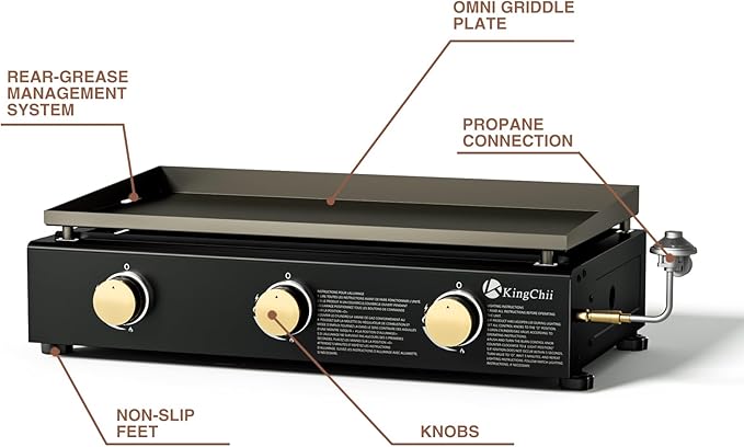 KingChii 28" Tabletop 3-Burner Griddle Portable Gas Grill with Rear Grease Trap, Powder Coated Steel, Black