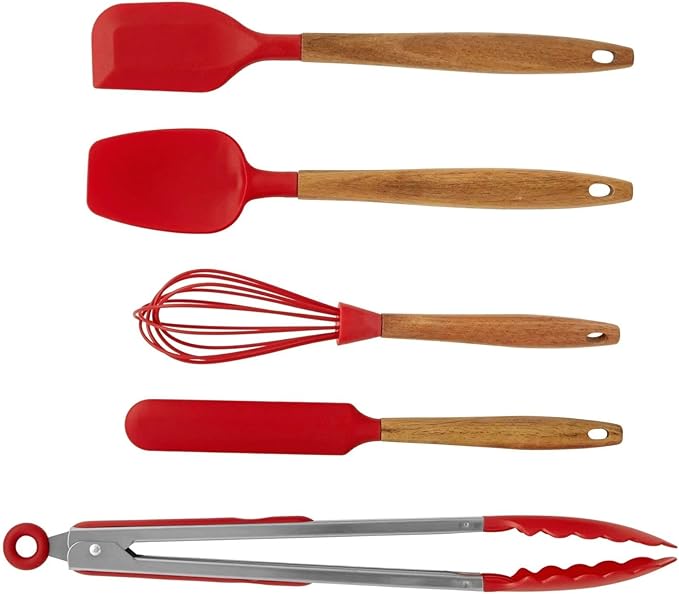 10-Piece Silicone Kitchen Utensils Set with Acacia Wood Handles, Nonstick Safe, Heat Resistant Cooking Tools for Everyday Use (RED)