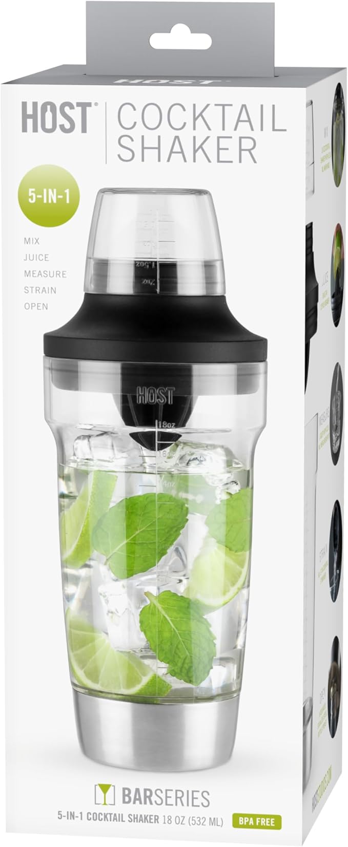 Host All in One Cocktail Shaker Set with Measurements, Reamer, Bottle Opener, Strainer and Jigger for Cold Brew Cocktails, Home Bar, Bartending, Camping, Picnic, Outdoor Party, On the Go, 18 oz