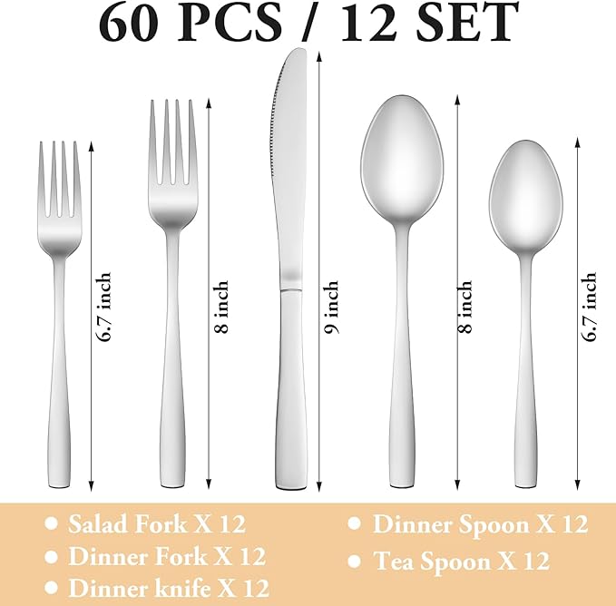 60 Piece Silverware Set Service for 12,Premium Stainless Steel Flatware Set,Mirror Polished Cutlery Utensil Sets,Durable Home Kitchen Eating Tableware Sets,Include Fork Knife Spoon,Dishwasher Safe