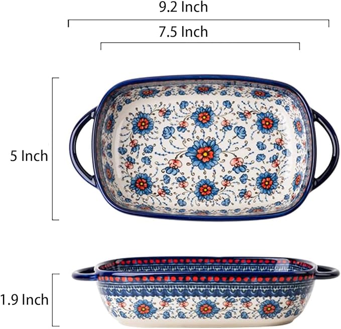 Blue and Orange Flower Vintage Style Ceramic Bakeware Casserole Dish Baking Pan Lasagna Pans with Handles for Oven/Cooking/Kitchen-1 PCS-22 OZ