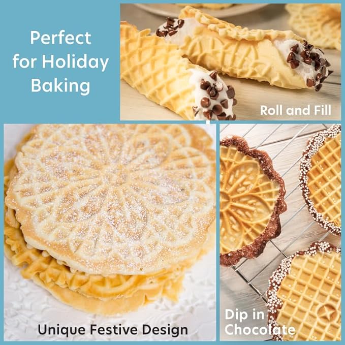 Pizzelle Maker- Polished Electric Holiday Baker Press Makes Two 5-Inch Cookies at Once- Christmas Baking Supplies for Party- Italian Dessert Treat Making with Recipe Guide- Cookie Swap Gift for Her