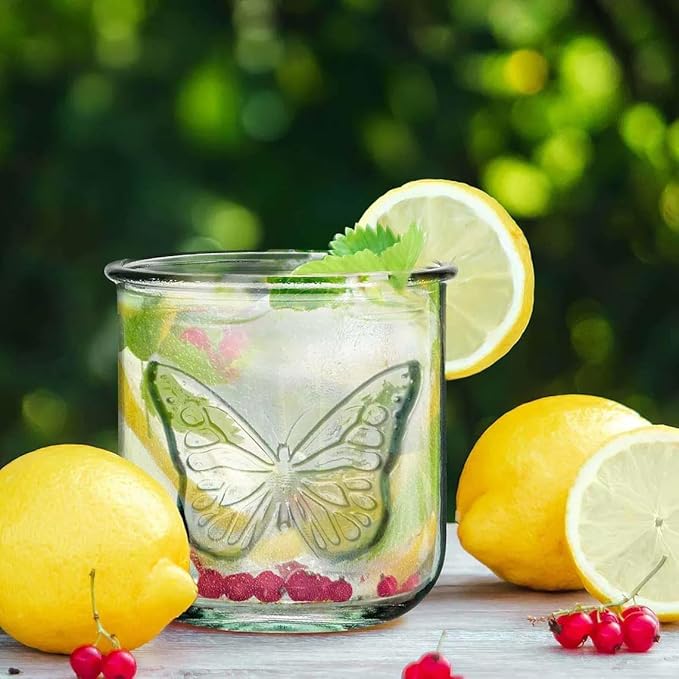 COURONNE CO. Clear Recycled Drinking Glass Tumbler, Perfect for Cocktails, Refreshments & Everyday Use, Restaurant Grade, Crafted without lead-based materials (10.1 Oz, Butterfly), Pack of 6