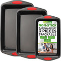 NutriChef 3-Piece Baking Pan Set - Premium Nonstick Carbon Steel Bakeware w/ Silicone Handles - Includes Large, Medium, & Small Pans for Baking & Roasting - PFOA, PFOS, PTFE Free - Black