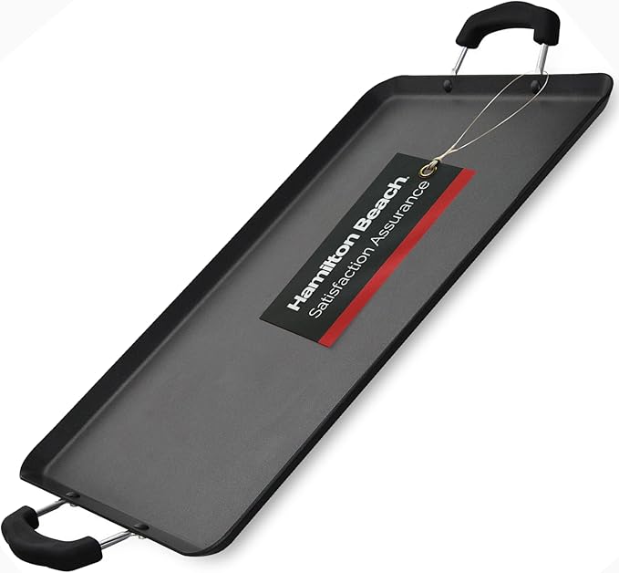Hamilton Beach Nonstick Double Griddle 19x11-Inch - Black Aluminum Griddle with Soft Touch Bakelite Handle - Flared Edge - Spiral Bottom, Easy to Clean, Multipurpose Use - Durable & Dishwasher Safe
