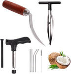 Coconut Opener Tool Set with Straws, Stainless Steel Straw Hole Punch and Coconut Meat Remover Scraper