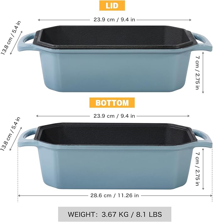 Flavehc Bread Pan Cast Iron Loaf Pan with Lid Bread Loaf Pan 8.5x4.5 Inch Loaf Pan Enameled Cast Iron Sourdough Loaf Pan, LightBlue