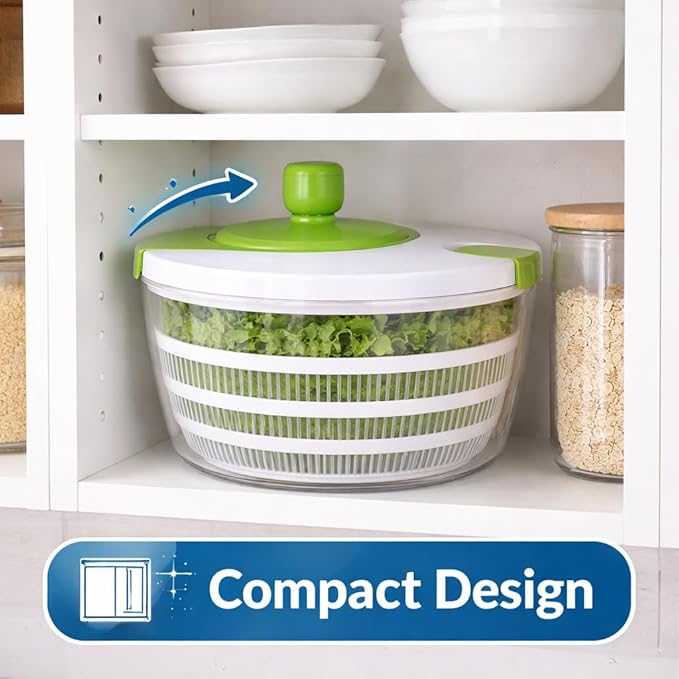 SKYREN 4 Qt Salad Spinner, Vegetable Washer & Dryer with Easy Spin Handle, Non-Slip Base, Large Capacity Kitchen Prep Tool, Green Glaze, 6.54 Inch Height