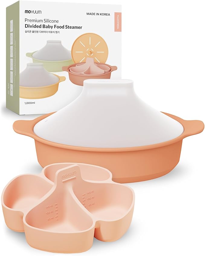 Moyuum Silicone Microwave Divided Steamer | Made in Korea, Baby Food Maker Bowl with 4 Compartment Divider and Steaming Tray, Steam Cooking Pot for Purees and Vegetables, Dishwasher Safe - Terra Cotta