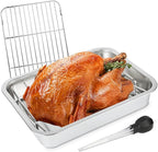 Stainless Steel Turkey Pan, Turkey Roasting Roaster pan with V rack for Oven, for Smoking and Grilling Chicken, Bird, and Pork, Cooking Rack with 15.5*11.6*2.8 inch Roasting Tray for Grill and Smoker