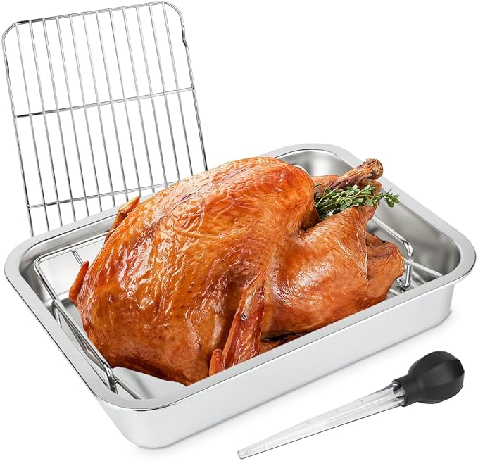 Stainless Steel Turkey Pan, Turkey Roasting Roaster pan with V rack for Oven, for Smoking and Grilling Chicken, Bird, and Pork, Cooking Rack with 15.5*11.6*2.8 inch Roasting Tray for Grill and Smoker