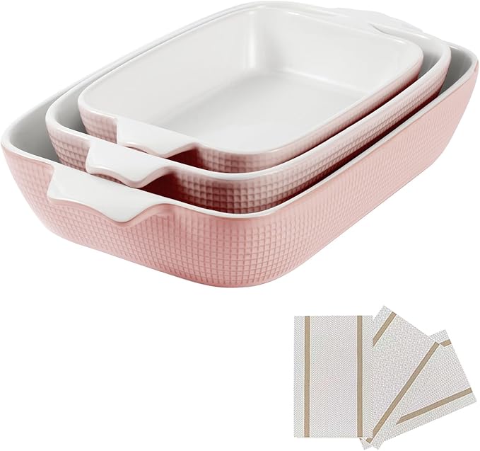 Ceramic Casserole Dishes Set of 3, Stoneware Baking Pans for Oven, Rectangular Lasagna Dish & Bakeware Set, Pink (14.7’’/12.4’’/10.3’’)