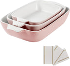 Ceramic Casserole Dishes Set of 3, Stoneware Baking Pans for Oven, Rectangular Lasagna Dish & Bakeware Set, Pink (14.7’’/12.4’’/10.3’’)