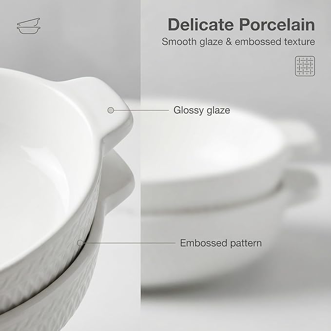 Ceramic Casserole Dish with Handle, 33 oz Set of 2, 8.5" Round Au Gratin Baking Dishes – For Pie Pan, Quiche, Tart Pan, Apple Pie Plate – For 2-3 Person Servings – Oven Safe, Easy Clean