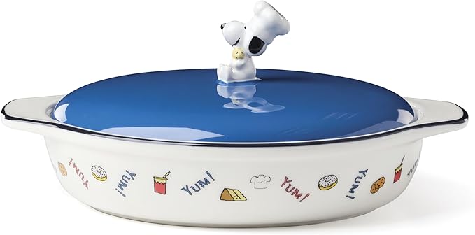 Lenox Home And Kitchen, Chef Snoopy Covered Casserole Dish, Porcelain Material, Dishwasher Safe, Kitchen, Baking Dish For Oven, Oven Safe Upto 350 Degrees, Snoopy Design (Blue And White, 1 Piece)