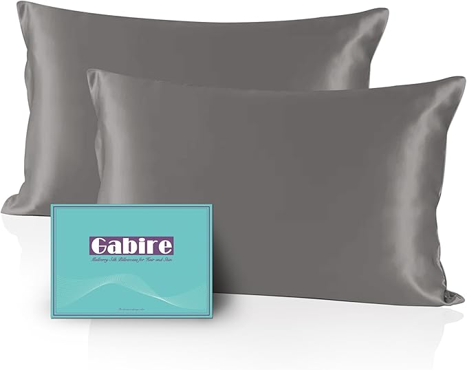 Mulberry Silk Pillow Cases Set of 2, Both Sides Real Silk Pillowcase for Hair and Skin Prevent Acne Pillowcase Organic Silk Pillow case 2 Pack with Hidden Zipper, Grey, Standard (20"×26")