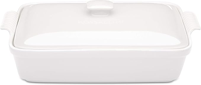 ROSSALLINI Stoneware Casserole Dish Bakeware Set with Lid, Covered Rectangular Dinnerware, Extra Large 4.23 Quart, 13 by 9 Inch, Bianco [White]