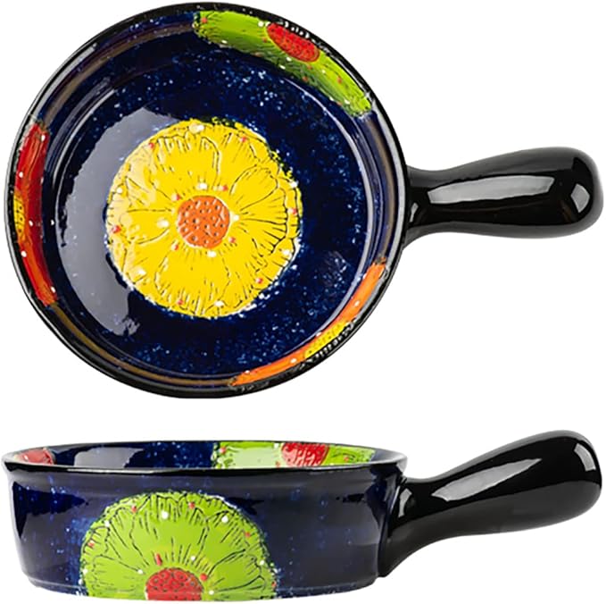 Vintage Style Pottery Bakeware Colorful Daisy Pattern Ceramic Casserole Dish Baking Pan Lasagna Pans Baking Dish with Handles from Oven to Table Plate-1 PCS, 20 OZ