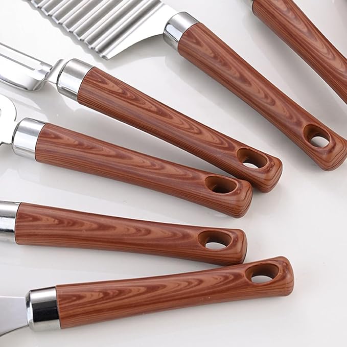 6-Piece Kitchen Tools and Gadgets Set with Wood Imitation Handle BRIIEC Stainless Steel Cooking Utensils Kitchen Accessories Includes Can Opener Garlic Press Peeler