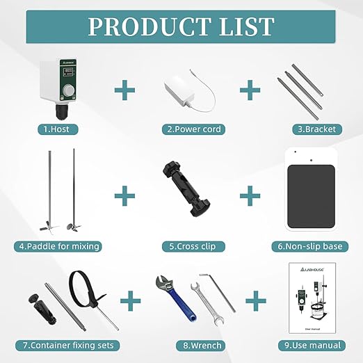 OS-15S Digital Overhead Stirrer 20L(H₂O) Lab Stirrer Flat-Base Stainless Steel Stand & 2 Stirring Paddles & Beaker Holder | 100-1500RPM,20000 mPas,Timing 1min-24h