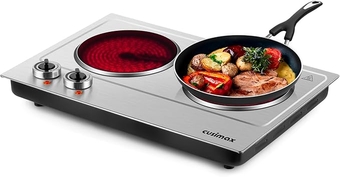 Hot Plate,CUSIMAX Portable Electric Hot Plates for Cooking,1800W Dual Infrared Burner with Adjustable Temperature Control,Electric Ceramic Glass Stove for Stainless Steel,Easy Clean for Home, Dorm, RV