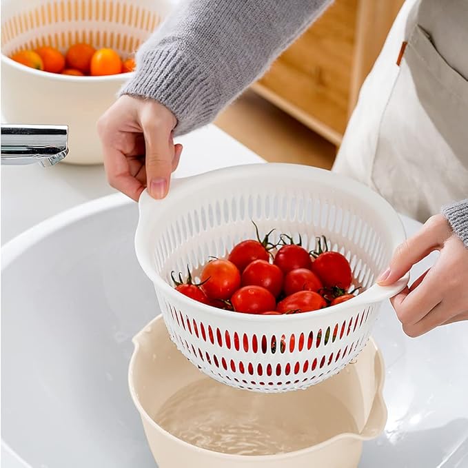 2 in 1 Kitchen Colander Set with Bowl Strainer (2 Sets 2.5 Qt),BPA Free Plastic Fruits and Vegetable Washing Basket,Dishwasher Friendly Double Layered Drain Basin,for Pasta Salad Berry Cleaning Mixing