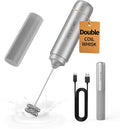 CIRCLE JOY Rechargeable Milk Frother Hanheld, Dual Coil Whisk Head Electric Coffee Frother, Portable Hand Frother Wand Drink Mixer for Matcha Lattes Cappuccino, Kitchen Gifts, Silver