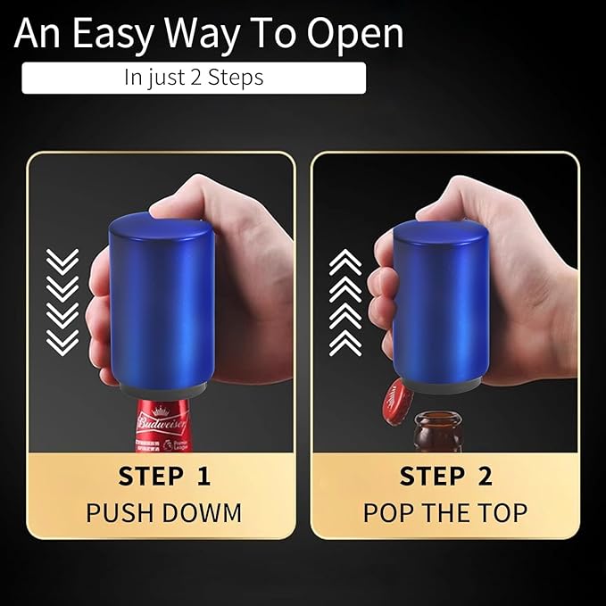 2PCS Destapador De Cerveza Automatic Beer Bottle Opener With Magnetic Cap, Stainless Steel One-Handed Lid Opening Spring Loaded Push&Pop for Kitchen Home Bar Gift