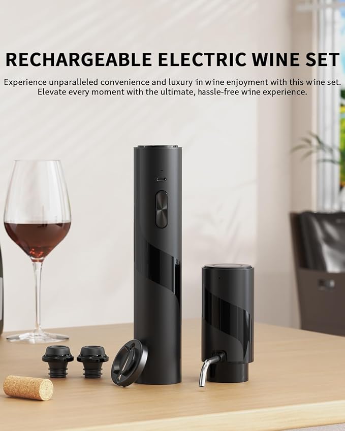 CIRCLE JOY Electric Wine Bottle Opener Set Rechargeable 7-in-1 Wine Set with Foil Cutter, Electric Wine Opener, Electric 2in-1 Wine Aerator & Pourer, Electric Vacuum Pump and 2 Wine Stoppers, Black