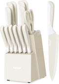 hecef 15 Pieces Kitchen Knife Set with Built-in Sharpening Wooden Block, Dishwasher Safe, High Carbon Stainless Steel Knife Block Set with Steak Knives, Kitchen Scissors, Cream White