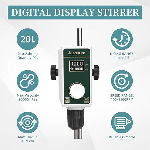 OS-15S Digital Overhead Stirrer 20L(H₂O) Lab Stirrer Flat-Base Stainless Steel Stand & 2 Stirring Paddles | 100-1500RPM,20000 mPas,Timing 1min-24h