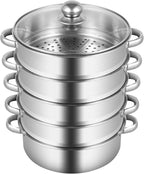 Steamer for Cooking, 5-Tier Stainless Steel Steamer Pot, Multipurpose Stackable Food Steam Pots Kitchen Steaming Cookware with Glass Lid for Induction, Gas, Electric Stoves, Composite Pot Base