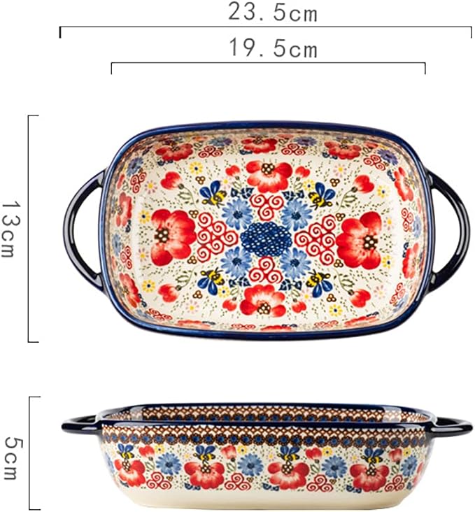 Vintage Flowers Style Ceramic Bakeware Casserole Dish Baking Pan Lasagna Pans Baking Dish with Handles for Oven/Cooking/Kitchen-1 PCS-Red Flowers-22 OZ