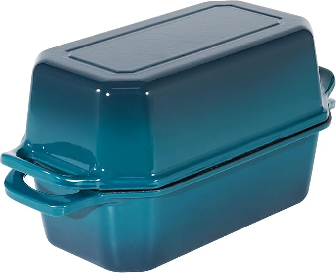 Flavehc Bread Pan Cast Iron Loaf Pan with Lid Bread Loaf Pan 8.5x4.5 Inch Loaf Pan Enameled Cast Iron Sourdough Loaf Pan, DarkCyan