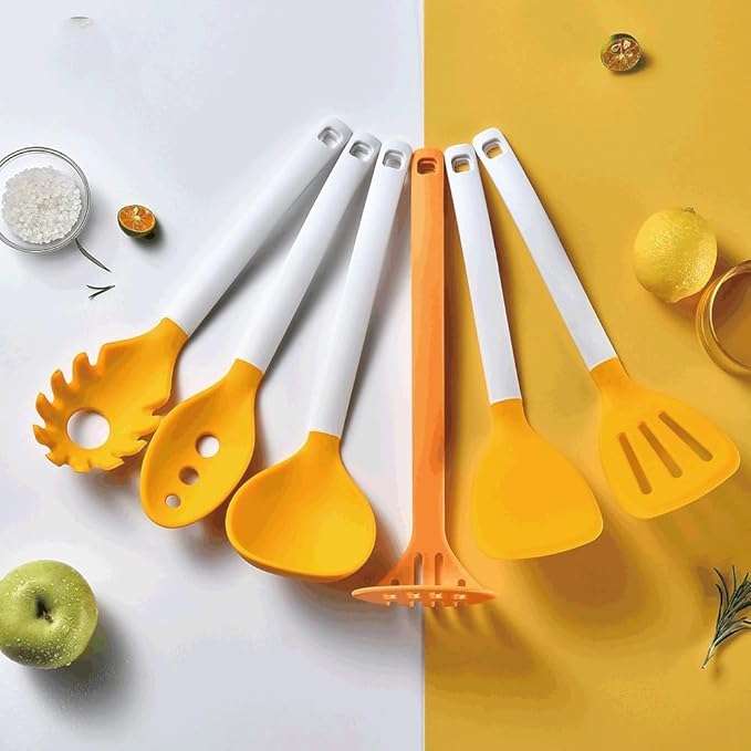 Heat Resistant Soup Spoon Brush Ladle Silicone Non Stick Spatula Kitchen Tools Cooking Utensil Set(Black)