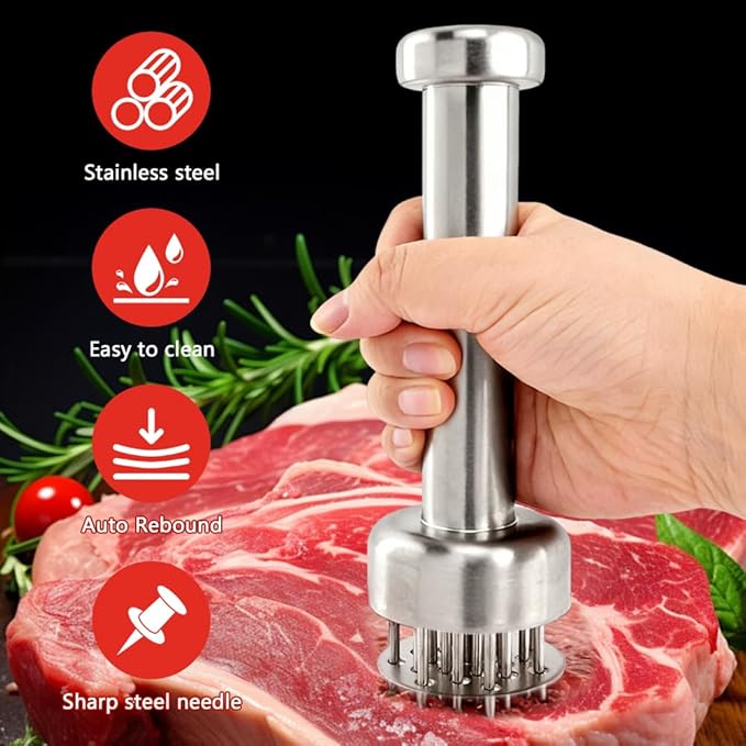 Stainless Steel Meat Tenderizer Tool, 21 Sharp Needles, Chicken Meat Tenderizer, Tenderizing Steak, Beef, Chicken, Pork, Barbecue, Marinating Prep Tool, with Cleaning Brush and Seasoning Jars