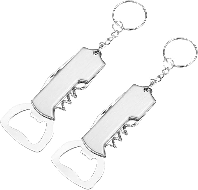 uxcell 2 Pcs Wine Opener, Bottle Opener Keychain, Durable Stainless Steel Waiter's Corkscrew, Compact All-In-One Home Bar Tool for Bar, Party, Wedding, Home, Travel, Silver