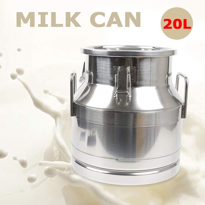 304 Stainless Steel Milk Can Large 12L-60L Capacity Milk Bucket Ice Buckets Bar Tools Wine Pail Bucket Milk Can Tote Jug with Sealed Lid Heavy Duty for Milk and Wine Liquid Storage (20L)