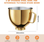5 QT Food-Grade Stainless Steel Mixer Bowl Compatible With KITCHENAID TILT-HEAD STAND MIXERS 4.5-5 Quart, with Anti-slip handle & Prominent Clasp, Stainless Steel Polished, Gold