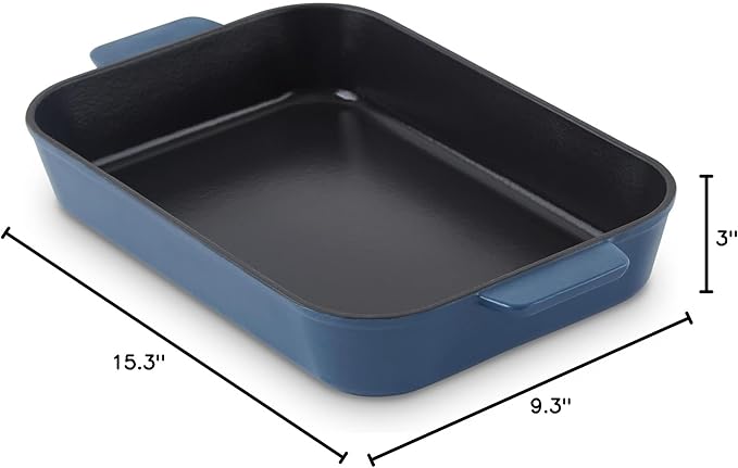 Zakarian x Dash Nonstick Cast Iron Baker - Oven-Safe Baking Pan for Pasta, Casseroles, Crumbles, and More - Easy-Release, Rust-Resistant, and Even Heat Distribution - Blue, 9-inch x 13-inch