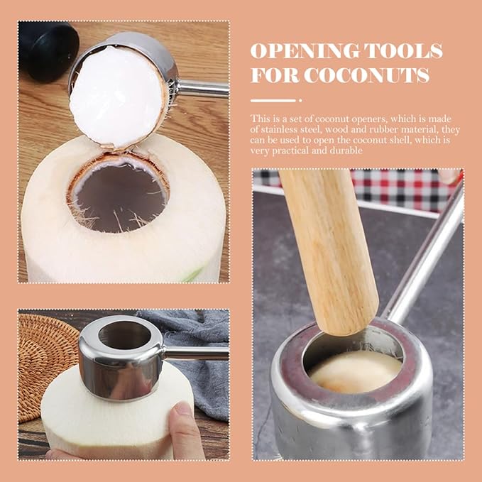 FOMIYES Coconuts Opener Set 2pcs Stainless Steel Coconut Shell Opening Tool with Mallet Hammer Kitchen Gadget for Home Cooking and Outdoor Use