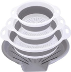 Collapsible Colander Set with Oversized Draining Tray | 3-Pack Foldable Kitchen Strainers + Base | Space Saving for Pasta, Veggies, Fruit & Rice | 5 Colors (Gray-White)