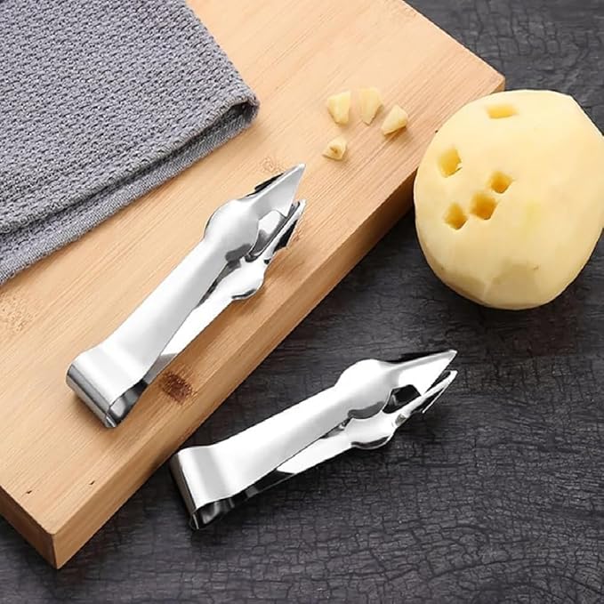 2Pcs Multi-Functional Fruit and Vegetable Stem Remover Clip, Strawberry Huller, Pineapple Eye Remover, Silver Stainless Steel Handle