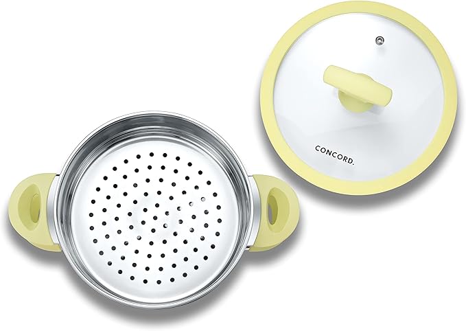 CONCORD 3 Quart Stainless Steel 3 Piece Steamer Cookware Set. Features 2 Quart Veggie Steamer and 3 Quart Cooking Pot with tempered glass lid and silicone handles (INDUCTION COMPATIBLE)