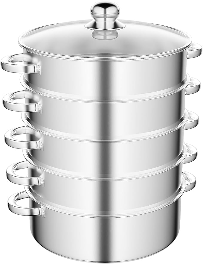 5-Tier Stainless Steel Steamer, 13.77 * 15.35inch Food Steaming Pot Meat Vegetable Cooking Steam Pot Multipurpose Steam Cookware Large Capacity Kitchen Tool with Lid for Steaming Pasta Dumplings