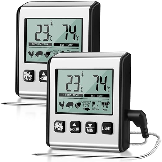 Relaxweex 2 Pcs TP710 Digital Cooking Meat Thermometer, Large LCD Backlight Food Thermometer with Stainless Steel Probe and Timer for Kitchen Oven BBQ Grilling Deep Fry Smoker