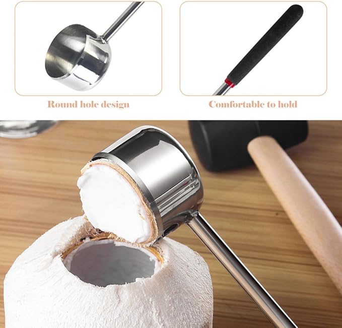 FOMIYES Coconuts Opener Set 2pcs Stainless Steel Coconut Shell Opening Tool with Mallet Hammer Kitchen Gadget for Home Cooking and Outdoor Use