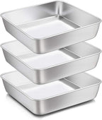 8 x 8-Inch Baking Pan, E-far Square Cake Brownie Baking Pans Stainless Steel Bakeware Set of 3, Fits in Small Toaster Oven, Non-toxic & Dishwasher Safe