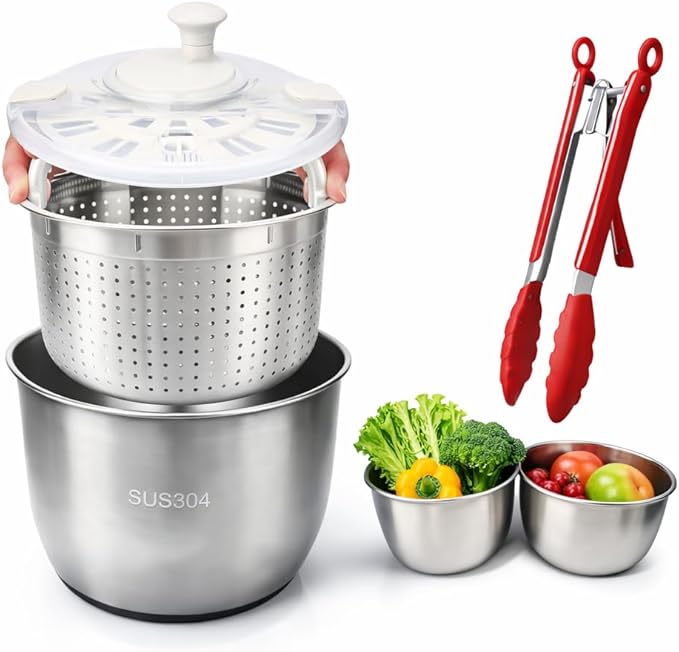6L Stainless Steel Salad Spinner with Bonus Tong – Large Vegetable Spinner, Fruit Washer & Lettuce Dryer, Dishwasher‑Safe Stainless Salad Spinner with Strainer Bowl for Greens, Pasta & Small Fruits